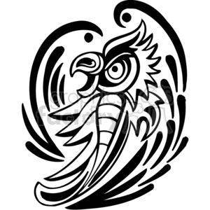 Black and white tribal art of bird with open beak in midflight