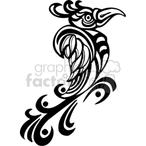 Black and white tribal bird right-facing clipart.