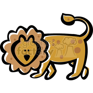 The image is a cartoon of a lion with a golden-brown fur and a black mane. The lion has a large, round face with a black nose, two small black eyes, and a closed mouth. Its ears are pointed, and its tail is long and bushy. The lion is standing on four feet with its 2 legs slightly raised as if it's walking