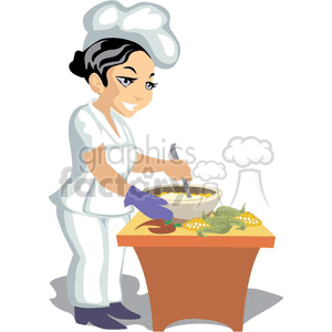 clipart - female chef cooking healthy food.