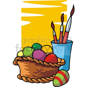 Basket of Colorful Easter Eggs and a Cup with Brushes clipart. Royalty-free image # 144386