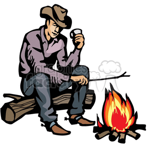 clipart - A Cowboy Sitting on a Log Holding a Drink and a Stick over a Fire.