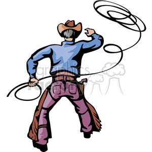 clipart - A View of a Cowboy From Behind Wearing his Chaps Hat and Gun Belt Roping.