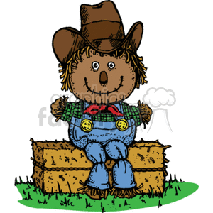 Scarecrow sitting on a hay bail clipart.
