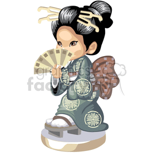 An asian girl in a gray kimona with a brown sash holding a fan in front of her face clipart.