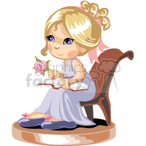 A little girl in a blue nightgown and slippers sitting in a chair reading a book clipart.
