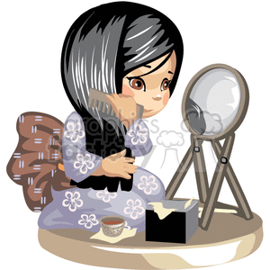 An asian girl in a purple flowered kimono combing her hair while looking in the mirror clipart.