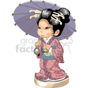 An asian girl in a kimono holding a blue umbrella