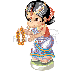Little indian girl with a holding headress of flowers clipart.
