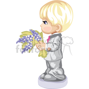 A Side View of a Boy in a Grey Suit Holding a Flower Bouquet clipart. Commercial use image # 376182