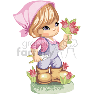 Little gardening girl cutting tulips