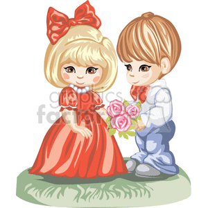 clipart - Little Boy in a Red Bow Tie Giving Flowers To a Little Girl in a Red Dress.
