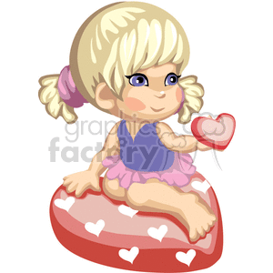 A blonde haired pigtailed girl sitting on a heart pillow holding a heart