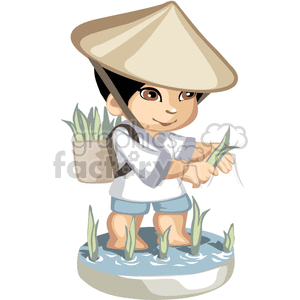 Little asian boy gathering his harvest clipart.