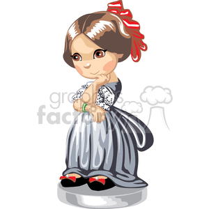 A girl in a gray silk formal gown wearing black shoes with red bows and a red bow in her hair clipart.