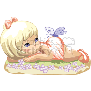 A Blonde Haired Little Girl Laying Down with a Butterfly on her Bum clipart.