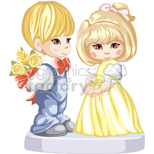 A Little Girl in Yellow and a Boy in a Red Bow Tie holding a Bouquet For their First date clipart.