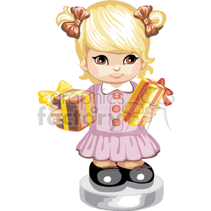 Little girl in a pink button down dress holding gifts clipart. Commercial use image # 376272