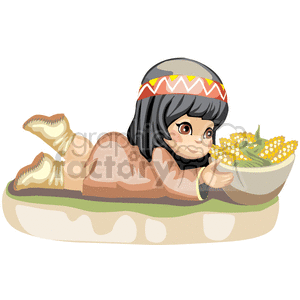 Little native american girl laid and holding a bowl of corns