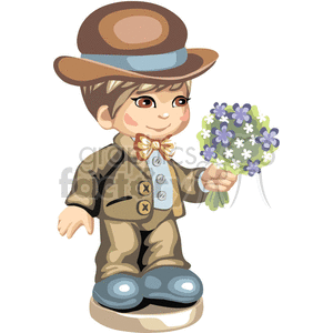 A brown haired boy in a brown suit carrying a bouquet of flowers