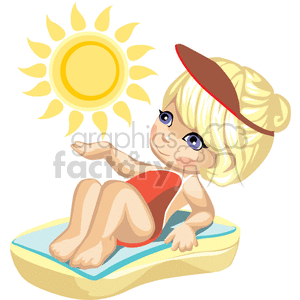 Little girl sunbathing on the beach clipart.