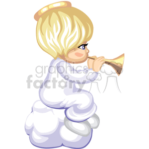 clipart - A Little Child in White Wearing a Golden Halo Playing a Horn.