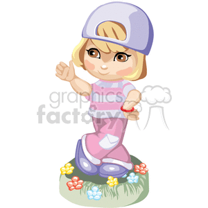 A Cute Little Girl in Pink with her Hat on Backwards Waiving  clipart.