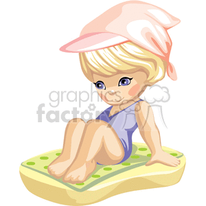 Little girl in a blue bathing suit and a pink hat laying on a towel at the beach clipart.
