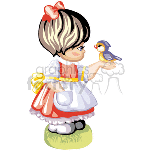 clipart - A Little Girl with a Red Dress and a White Apron Holding a Blue Bird.