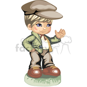 A boy standing and waving wearing a green jacket and a brown hat clipart. Commercial use image # 376382