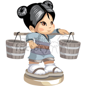 Asian little girl holding in her shoulders water buckets