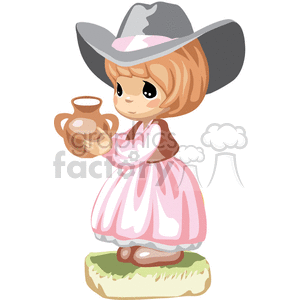 A Little Girl in a Pink Western Style Dress and a Brown Vest Holding a Pot
