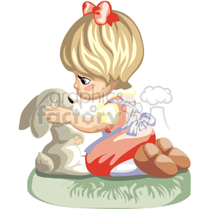 clipart - A little Girl in a Red Dress and Bow Kneeling Petting a Bunny.