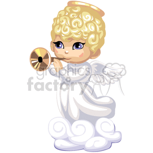 A Little Angel all in White with Wings and a Golden Halo Playing a Gold Horn clipart. Commercial use image # 376432