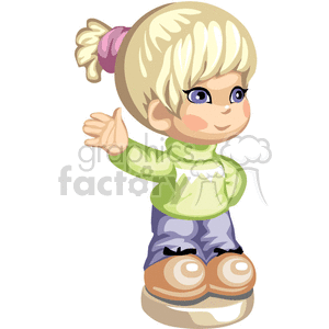 A little blonde haired girl with a pony tail and a green shirt and jeans waving clipart. Commercial use image # 376442