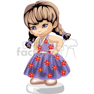 Little girl with braids wearing a blue dress with red flowers