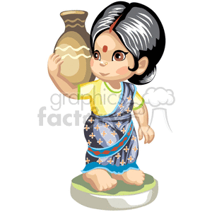 clipart - Indian girl in a silver blue surong carrying a jug on her shoulder.