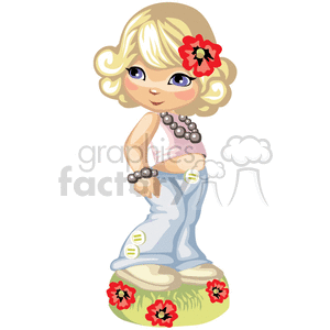 clipart - A Little Girl Wearing a Large Bead Necklace and Bracelet and a Red Tropical Flower in her Hair.