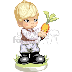 A little boy holding a carrot up he pulled out of the ground clipart. Commercial use icon # 376492