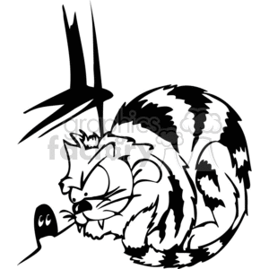 clipart - Black and white tabby cat waiting for a mouse to come out of mouse hole.