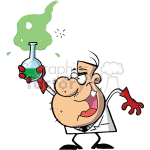 An Evil Mad Scientist Holds Up Bubbling Beaker Of Green Chemicals clipart  #378880 at Graphics Factory.