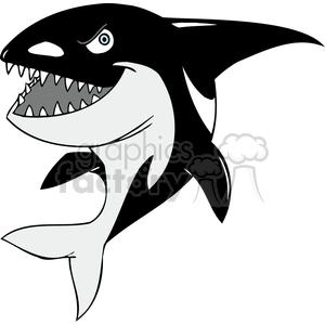 The clipart image shows a funny cartoon fish with big eyes and lips, known as a killer whale or orca with a smiling expression and two black and white spots on its body.
