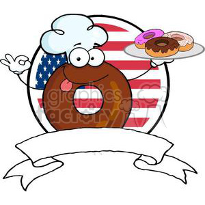 3486-Cartoon-Logo-Friendly-Donut-Chef-Cartoon-Character-Holding-A-Donuts-In-Front-Of-Flag-Of-USA  clipart #380836 at Graphics Factory.