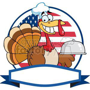 3512-Turkey-Chef-Serving-A-Platter-Over-A-Circle-And-Blank-Banner-In-Front-Of-Flag-Of-USA clipart.