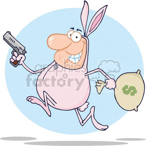 cartoon funny vector Easter rabbit happy bunny bank robber thief criminal stealing money cash