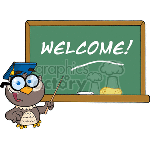 4312-Owl-Teacher-Cartoon-Character-With-Graduate-Cap-In-Front-Of-School-Chalk-Board clipart. Commercial use image # 382298