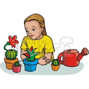 clipart - Cartoon student learning about plants and cactus.