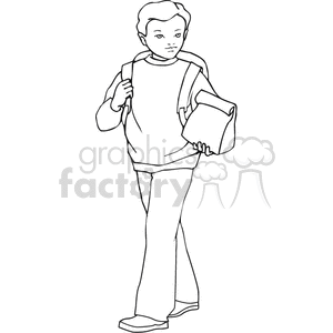 Black and white outline of a boy carrying his lunch and backpack clipart. Commercial use image # 382486