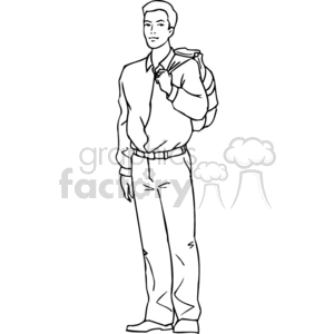 clipart - Black and white man holding a backpack .