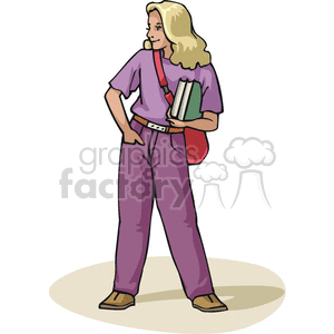 education cartoon girl student back to school books messenger bag hand in pocket waiting first day happy smile excited determined books textbooks 